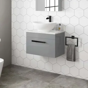 Avon Stone Grey Wall Hung Drawer Vanity with Marble Top & Oval Counter Top Basin 600mm - Black Accents