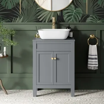 Bermuda Dove Grey Vanity with Curved Counter Top Basin 600mm - Brushed Brass Accents