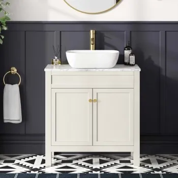 Bermuda Chalk White Vanity with Marble Top & Curved Counter Top Basin 800mm - Brushed Brass Accents