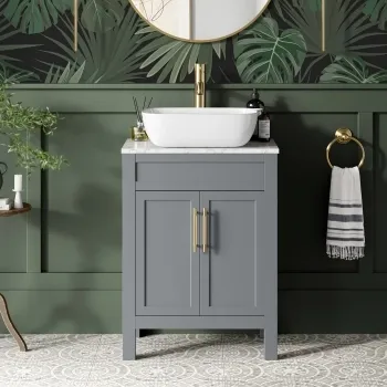 Bermuda Dove Grey Vanity with Marble Top & Curved Counter Top Basin 600mm - Brass Knurled Handles