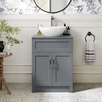 Milos Fog Grey Vanity with Oval Basin 600mm - Traditional Handles