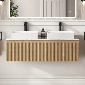 Malta Fluted Country Oak Double Wall Hung Drawer Vanity with Marble Top & Cody Basin 1200mm