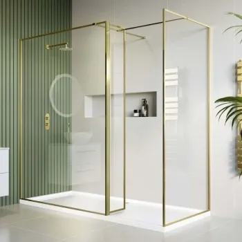 Munich Brushed Brass Framed 8mm Walk In Shower Enclosure 1400mm & 900mm Glass with Return Panel