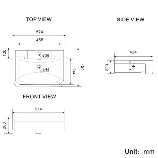 Monaco Classic 1 Tap Hole Semi Recessed Counter top Basin 445mm