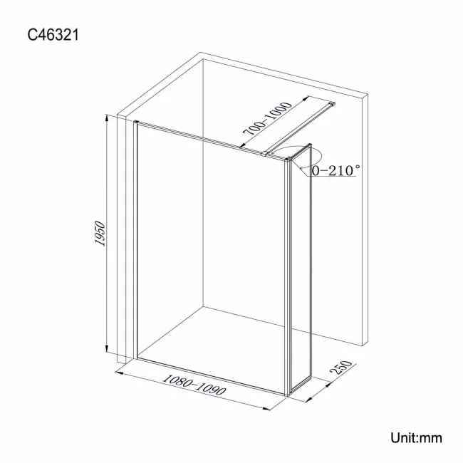 Munich Matt Black Framed 8mm Wet Room Shower Glass 1100mm & 250mm Pivotal Return Panel