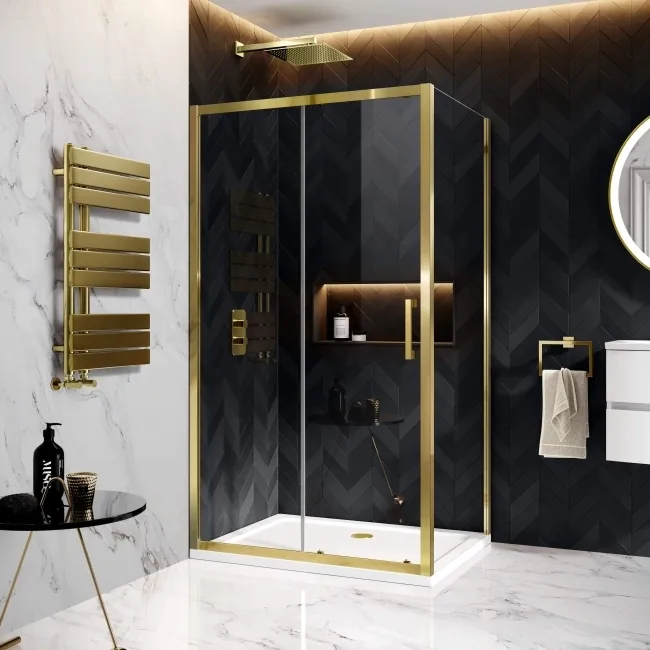 Hamburg Brushed Brass Easy Clean 8mm Sliding Shower Enclosure 1100x760mm - Easy Fix
