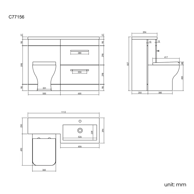 Avon Gloss White Combination Basin Drawer and Atlanta Toilet 1100mm - Right Handed