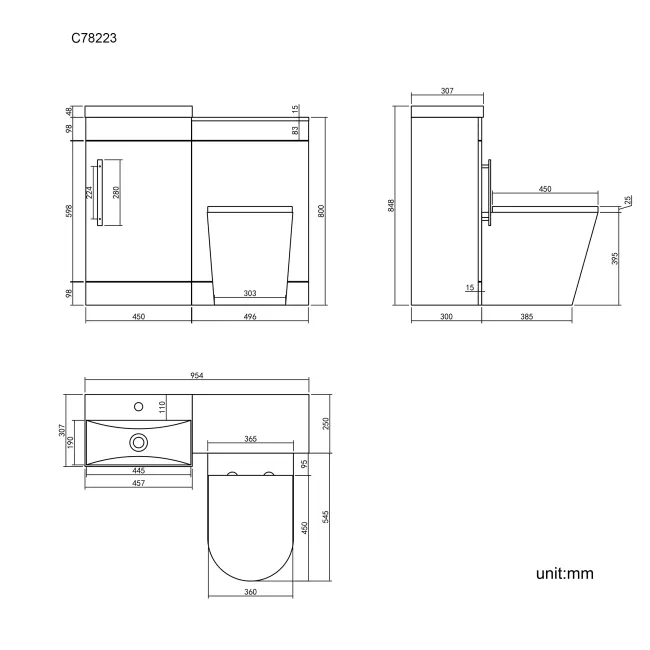 Avon Gloss White Combination Vanity Basin and Boston Toilet 950mm - Black Accents