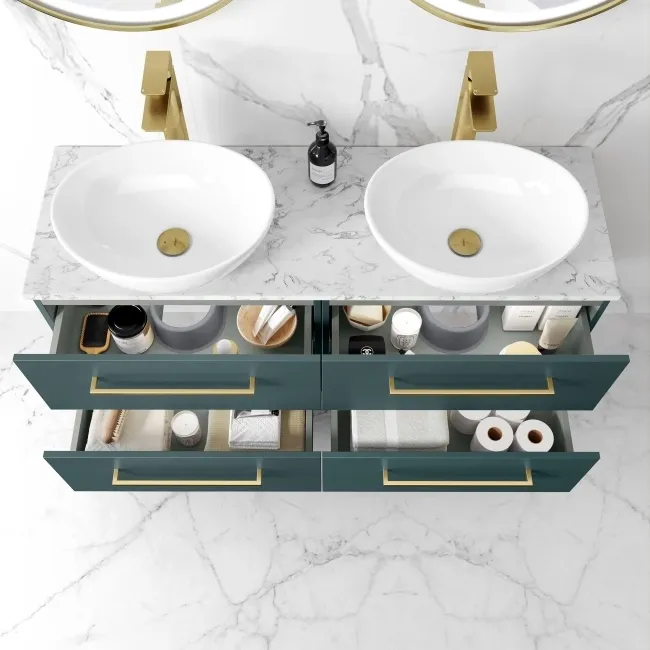 Elba Midnight Green Double Wall Hung Drawer Vanity with Marble Top & Oval Basin 1200mm - Brushed Brass Accents