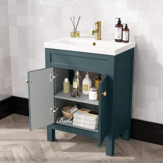 Bermuda Midnight Green Basin Vanity 600mm - Brushed Brass Accents