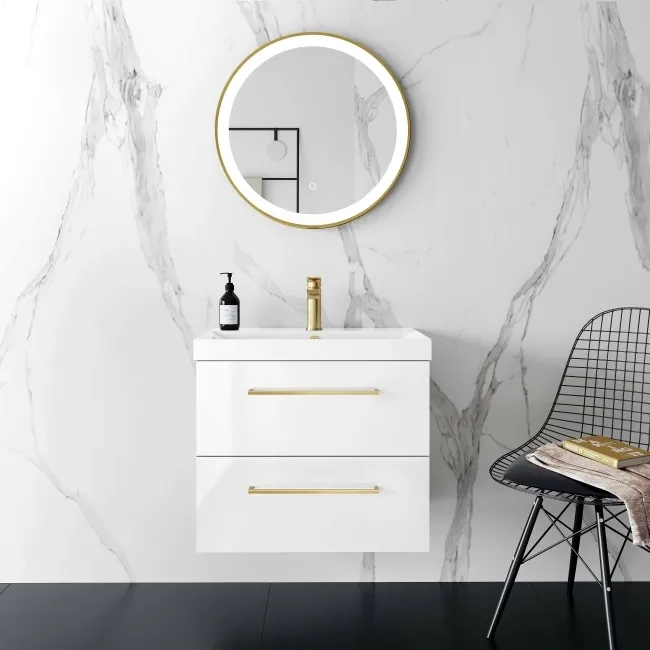 Elba Gloss White Wall Hung Basin Drawer Vanity 600mm - Brushed Brass Accents