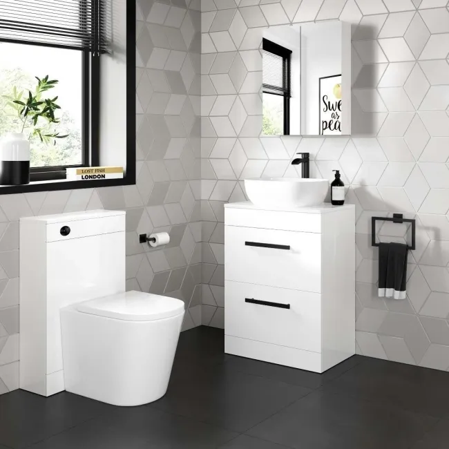 Avon Gloss White Vanity Drawer with Curved Counter Top Basin 600mm - Black Accents