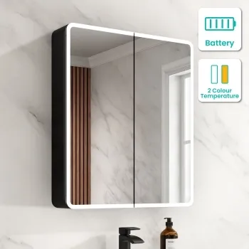 Aurora Battery Operated Matt Black Illuminated LED Mirror Cabinet 700x600mm