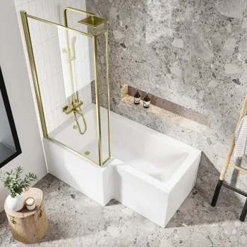 L Shaped 1500 Shower Bath with Front Panel & 6mm Easy Clean Brushed Brass Bath Screen - Left Handed