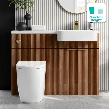 Sicily Fluted Black Walnut Combination Vanity Basin and Utah Comfort Height Toilet 1200mm - Brushed Brass Accents - Right Handed