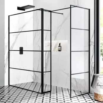 Munich Matt Black Grid 8mm Walk In Shower Enclosure 1400mm & 800mm Glass with Pivotal Return Panel