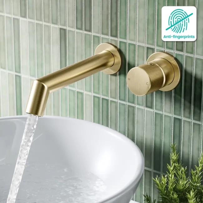 Ennis Brushed Brass Wall Mounted Basin Mixer Tap with Knurled Detailing