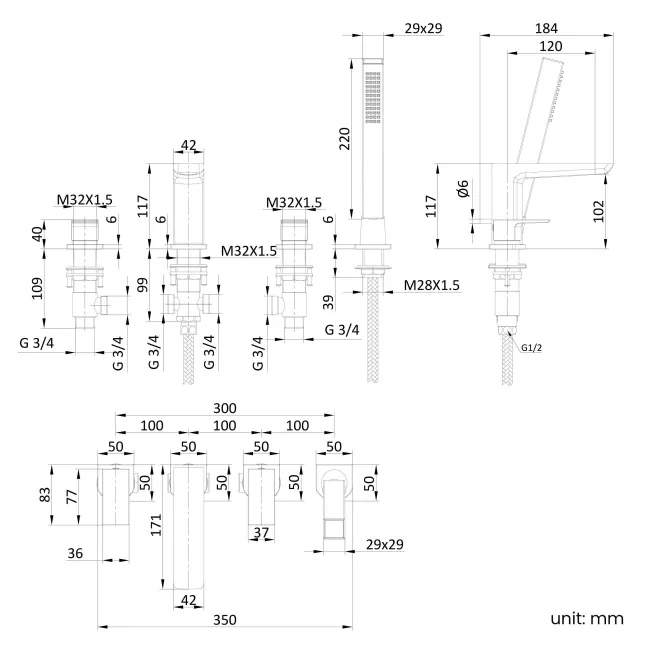 Ribble Brushed Brass Deck Mounted 4TH Bath Shower Mixer Tap & Handheld Shower