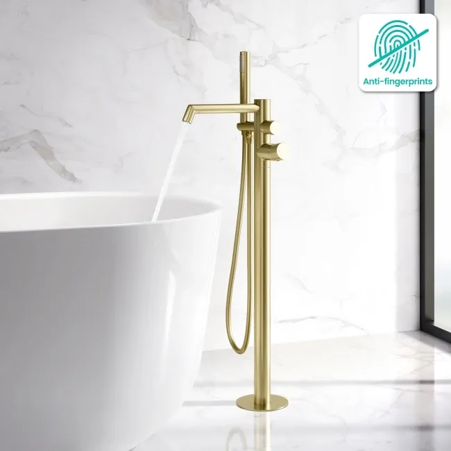Ennis Brushed Brass Freestanding Bath Shower Mixer Tap with Knurled Detailing