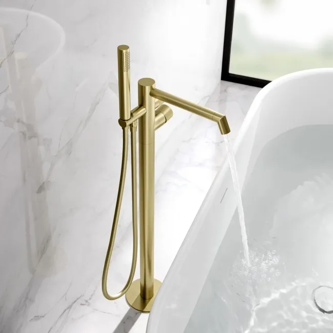 Ennis Brushed Brass Freestanding Bath Shower Mixer Tap with Knurled Detailing