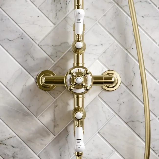 Nevis Brushed Brass Traditional Thermostatic Shower Set with Hand Shower