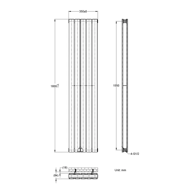 Faro Matt Black Double Flat Panel Vertical Radiator 1600x350mm