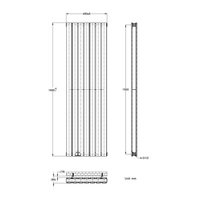 Faro Matt Black Double Flat Panel Vertical Radiator 1600x490mm