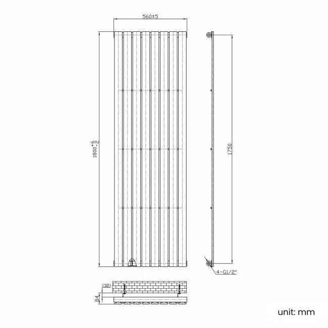 Faro Matt Black Single Flat Panel Vertical Radiator 1800x560mm