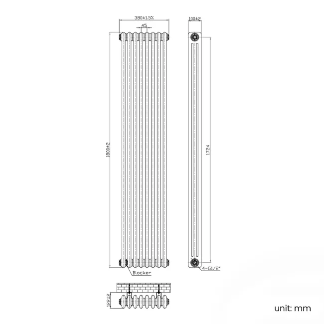 Athens Inky Blue Triple Column Vertical Traditional Radiator 1800x380mm