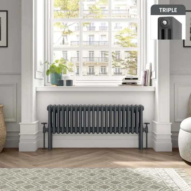 Athens Anthracite Triple Column Horizontal Traditional Radiator 300x1010mm