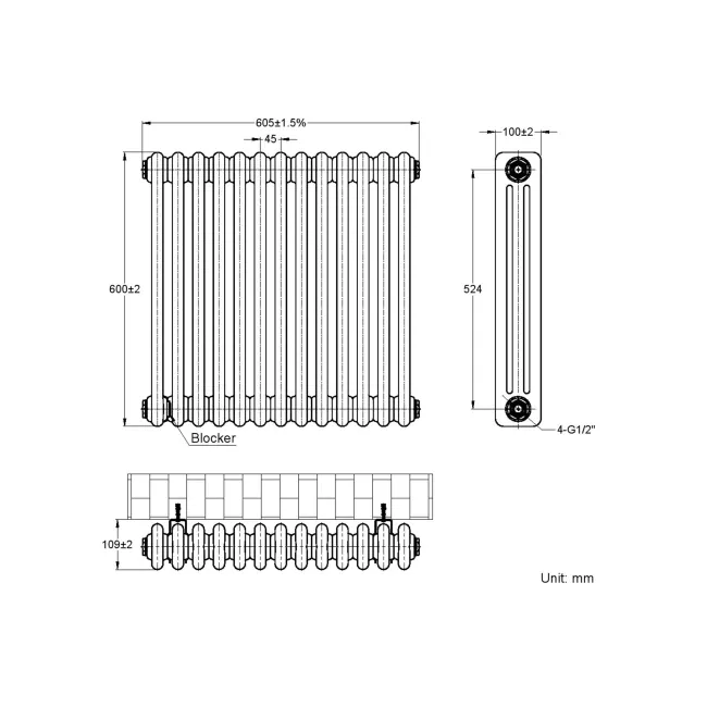 Athens Raw Metal Triple Column Horizontal Traditional Radiator 600x605mm