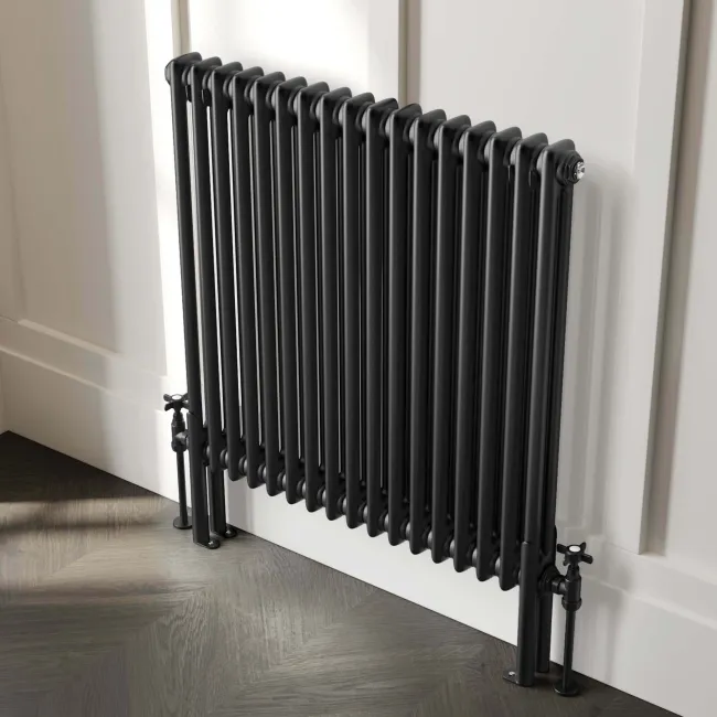 Athens Matt Black Double Column Horizontal Traditional Radiator 750x785mm
