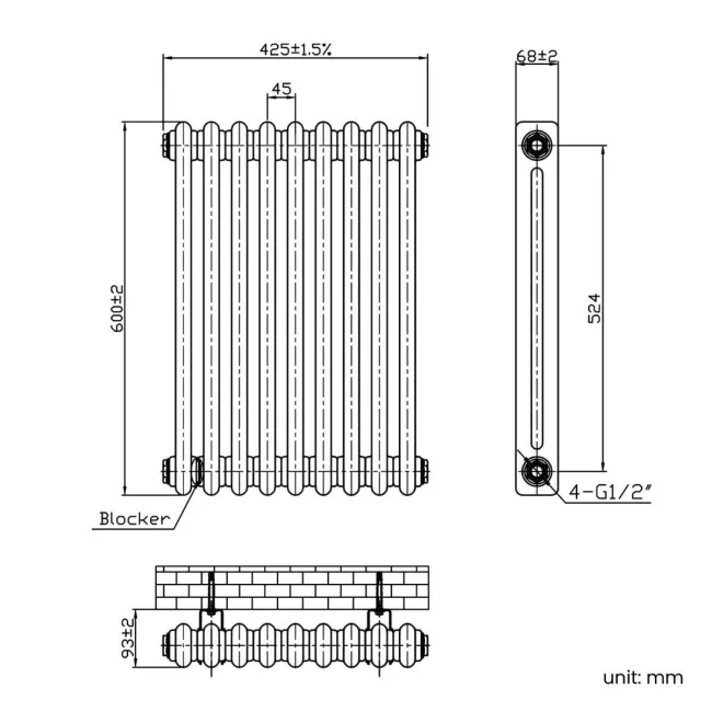 Athens Antique Gold Double Column Horizontal Traditional Radiator 600x425mm