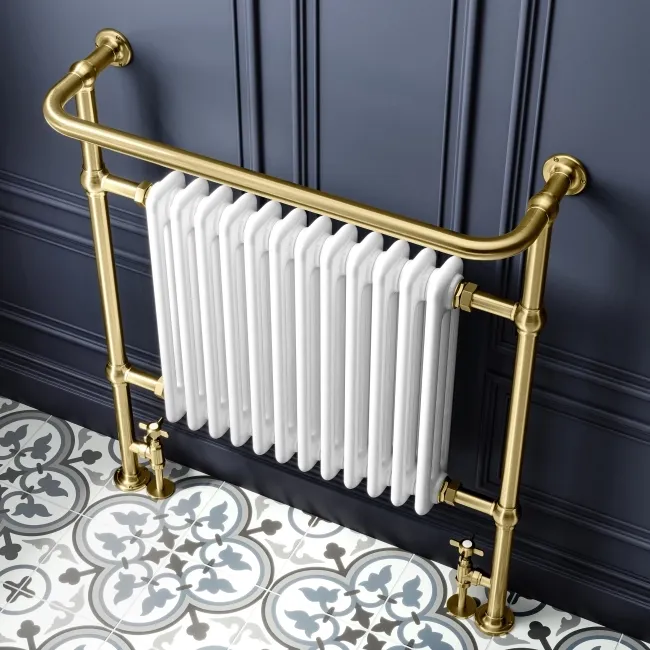Gibraltar Extra Large Brushed Brass Traditional Heated Towel Radiator (With Overhanging Rail)