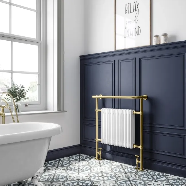Gibraltar Extra Large Brushed Brass Traditional Heated Towel Radiator (With Overhanging Rail)