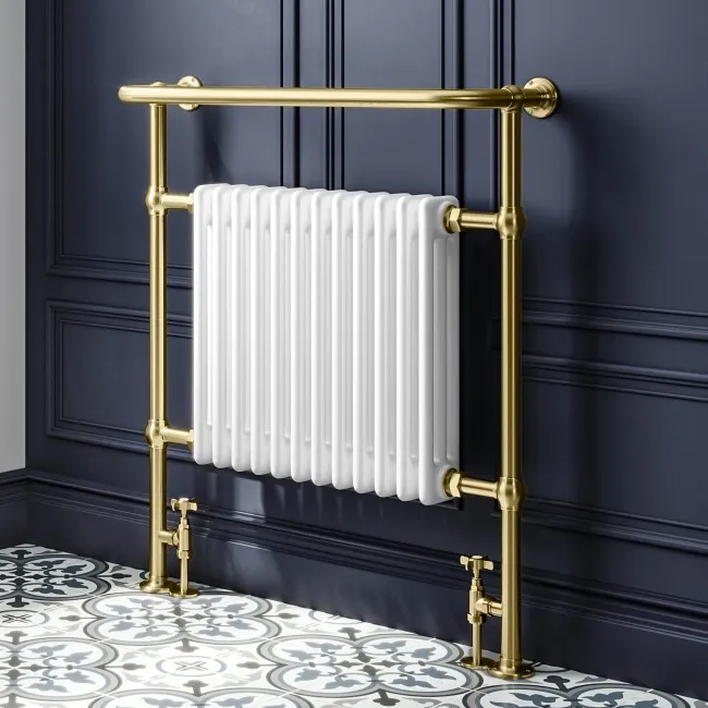Gibraltar Extra Large Brushed Brass Traditional Heated Towel Radiator (With Overhanging Rail)