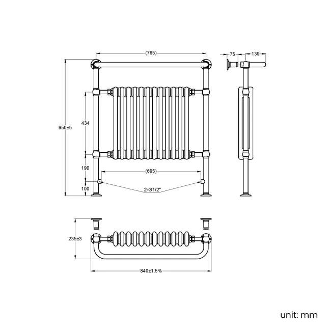 Gibraltar Extra Large Brushed Brass Traditional Heated Towel Radiator (With Overhanging Rail)