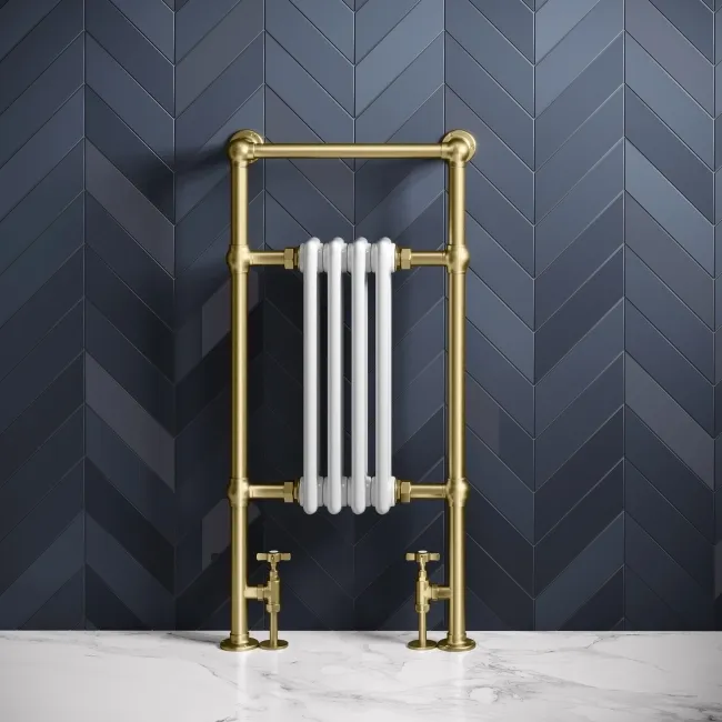 Gibraltar Slimline Small Brushed Brass Traditional Heated Towel Radiator (Flat Top Rail)