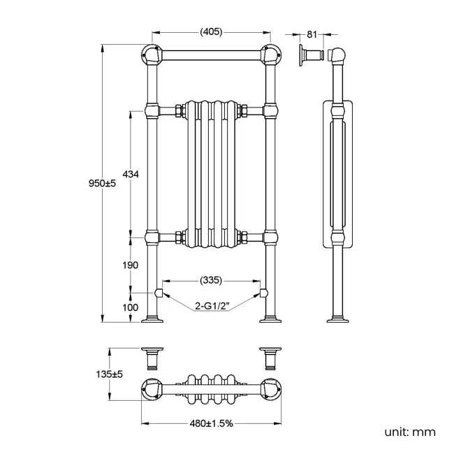 Gibraltar Slimline Small Brushed Brass Traditional Heated Towel Radiator (Flat Top Rail)