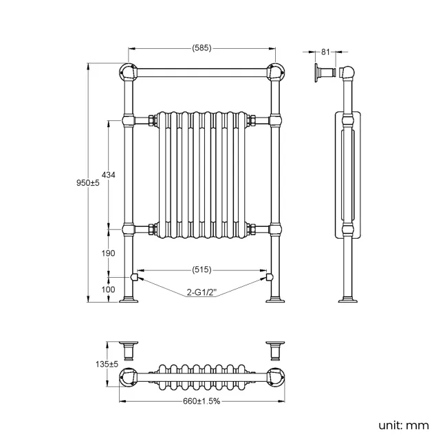 Gibraltar Slimline Large Brushed Brass Traditional Heated Towel Radiator (Flat Top Rail)