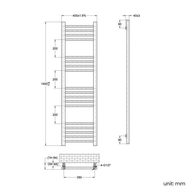 Barcelona Brushed Brass Straight Heated Towel Rail 1400x400mm
