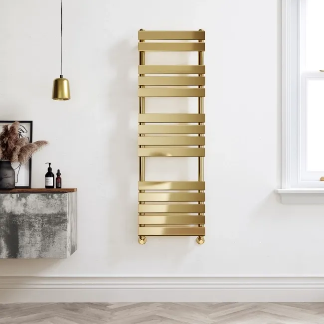 Santorini Brushed Brass Flat Panel Heated Towel Rail 1400x450mm