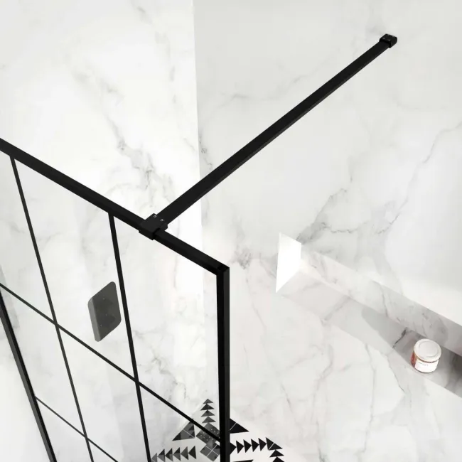 Munich Matt Black Grid Easy Clean 8mm Wet Room Shower Glass Panel 900mm