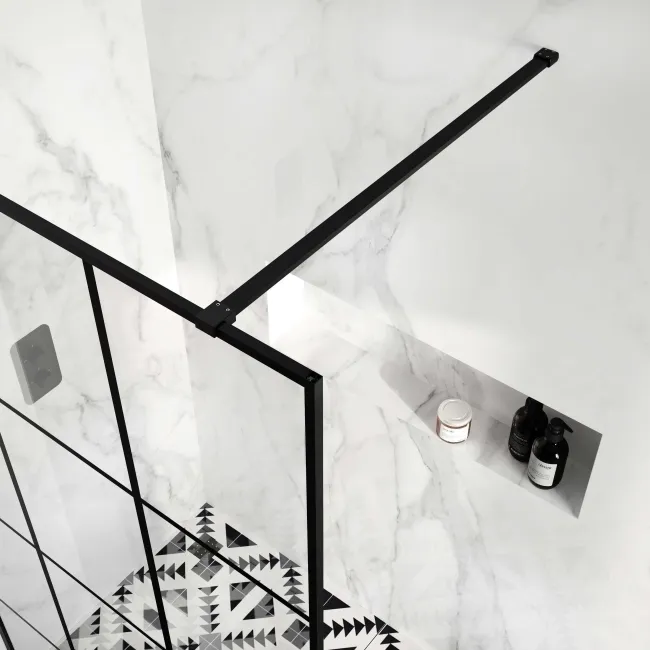 Munich Matt Black Grid Easy Clean 8mm Wet Room Shower Glass Panel 1400mm