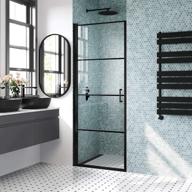 Toulon Matt Black Grid Easy Clean 6mm Pivot Shower Door 800mm