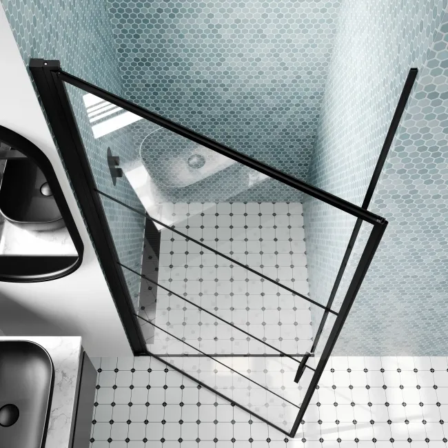 Toulon Matt Black Grid Easy Clean 6mm Pivot Shower Door 900mm