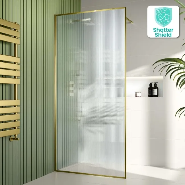 Munich Fluted Effect Brushed Brass Easy Clean 8mm Wet Room Shower Glass Panel 1000mm