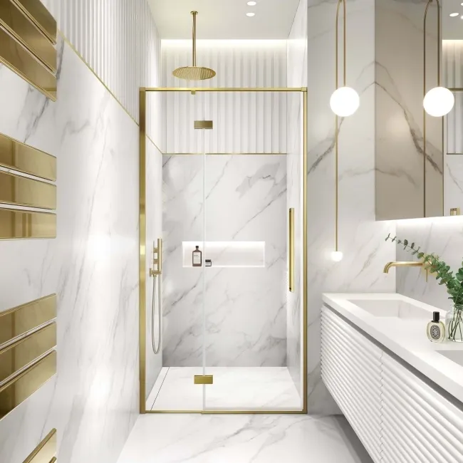 Helsinki Brushed Brass Premium Easy Clean 8mm Hinged Shower Door 1100mm
