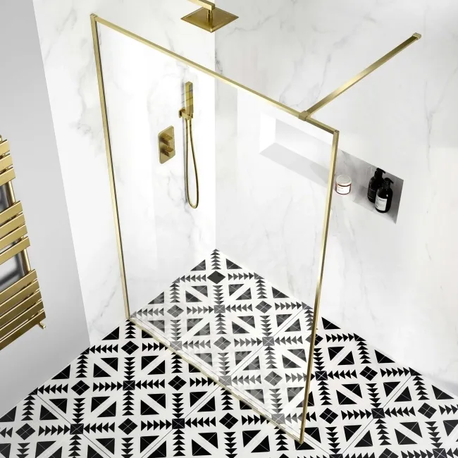 Munich Brushed Brass Framed Easy Clean 8mm Wet Room Shower Glass Panel 1400mm