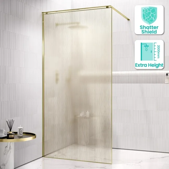 Lyon Brushed Brass 8mm Laminated Wet Room Shower Glass Panel with Gold Mesh Inlay 1000mm